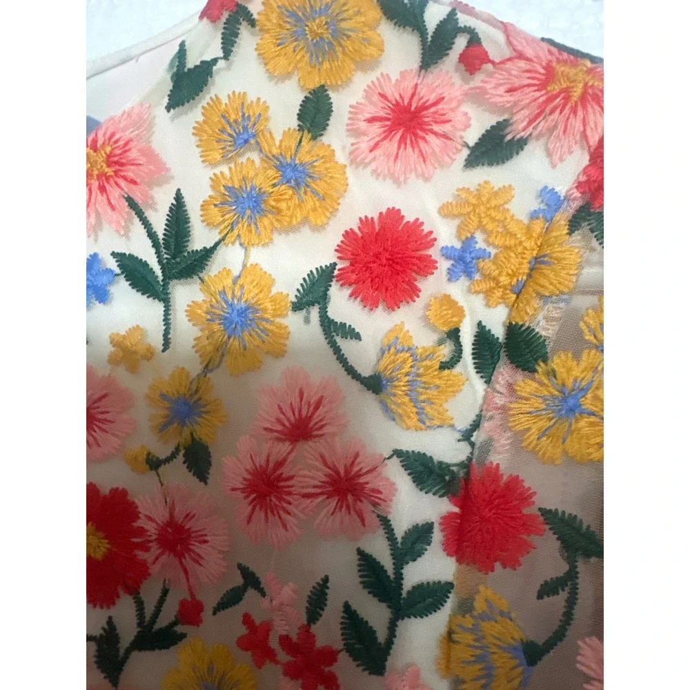Antonio Melani Nat Note Floral Embroidered Mini Dress Sheer Sleeve Sz 6/S *